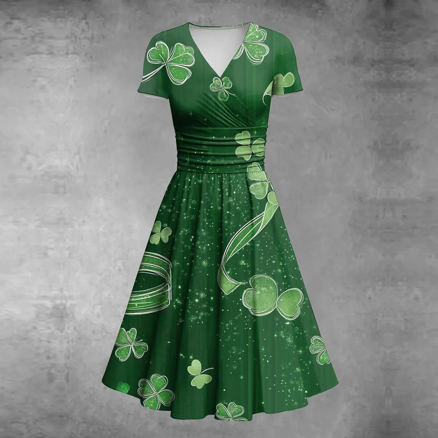St Patricks Day Dress Women Elegant Short Sleeve Princess V Neck Pulled Ruffle Shamrock Print Waist Drawstring Dresses