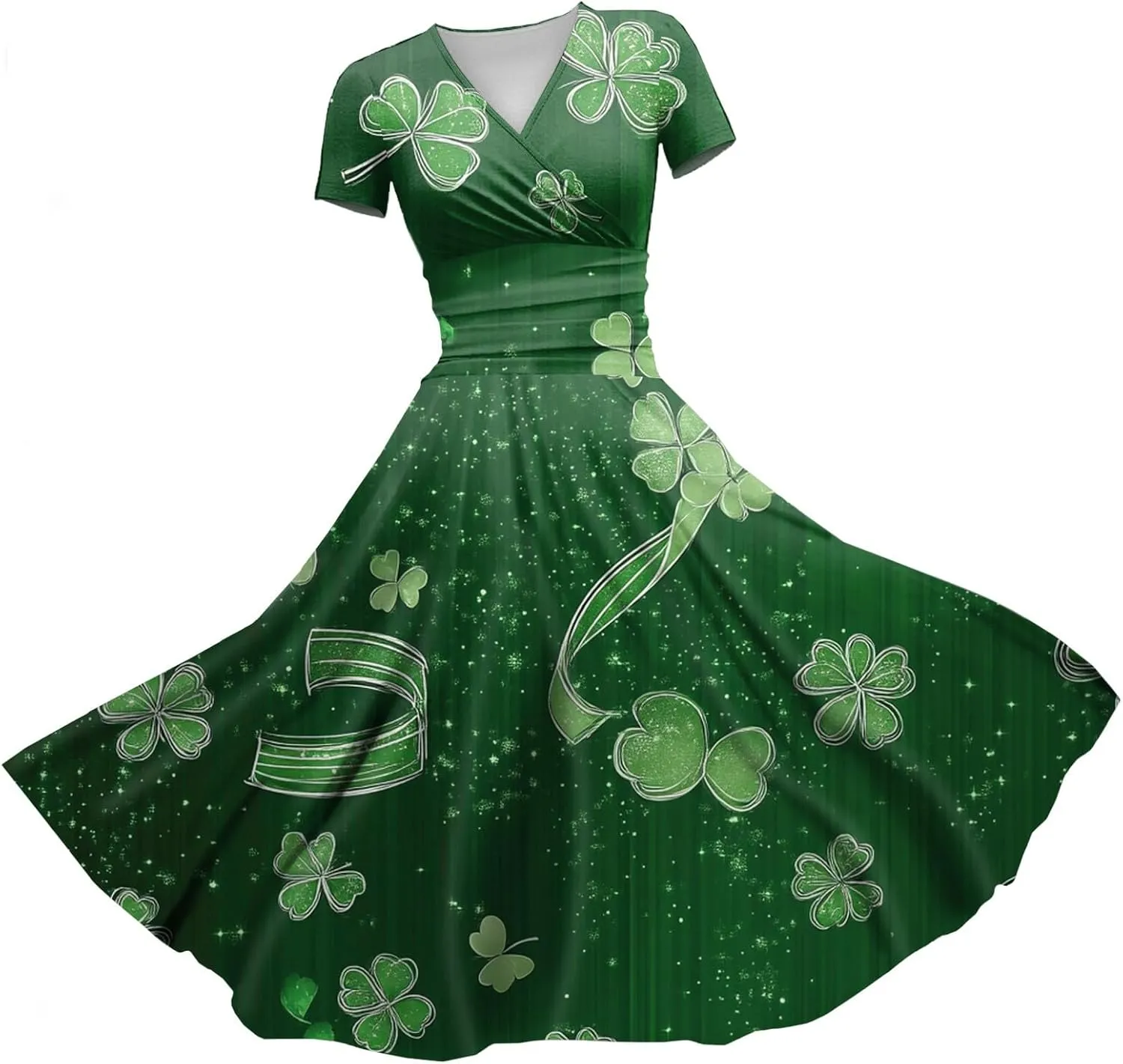 St Patricks Day Dress Women Elegant Short Sleeve Princess V Neck Pulled Ruffle Shamrock Print Waist Drawstring Dresses