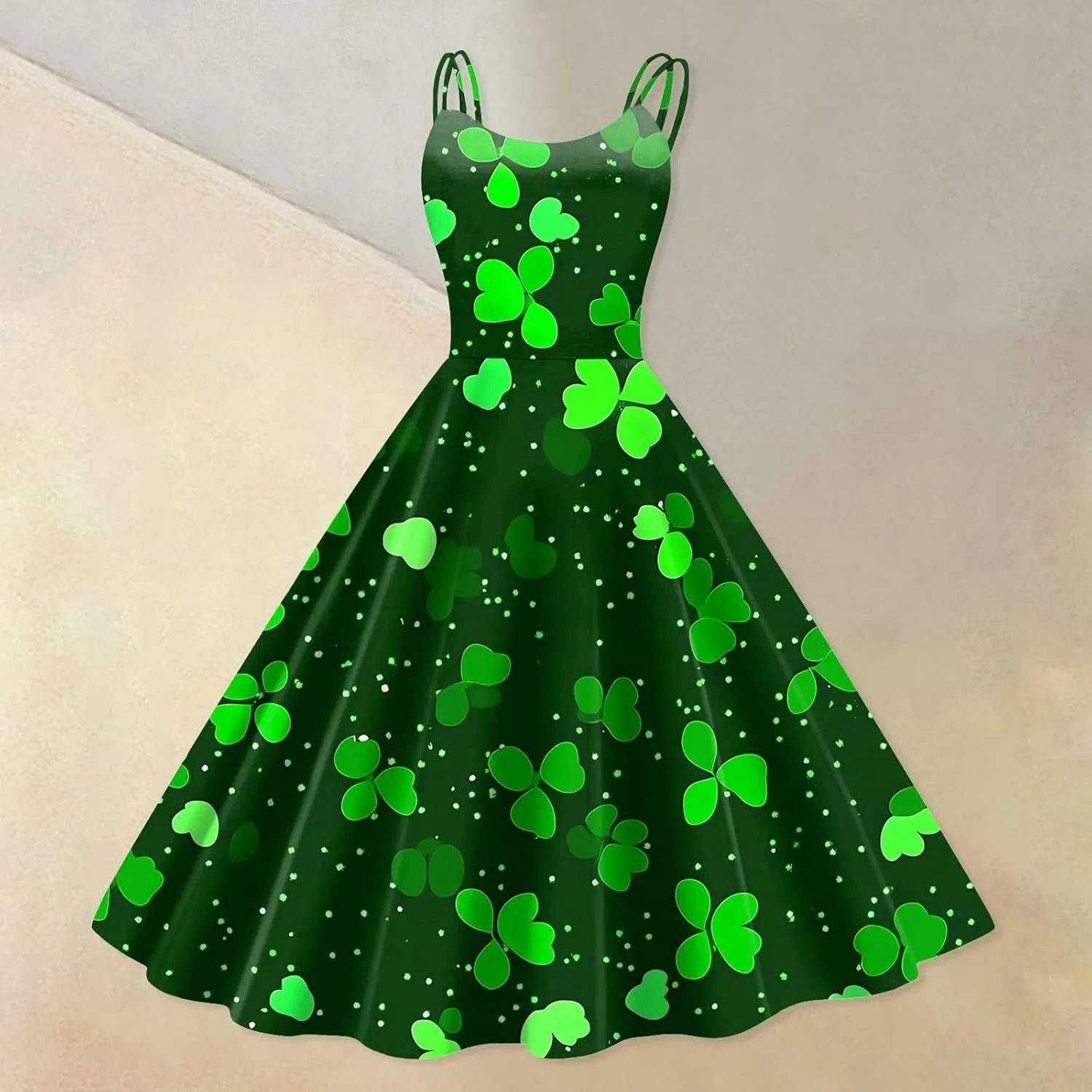 St Patricks Day Dresses for Women Casual Off Shoulder Vintage Sleeveless Midi A-Line Swing Shamrock Print Dresses