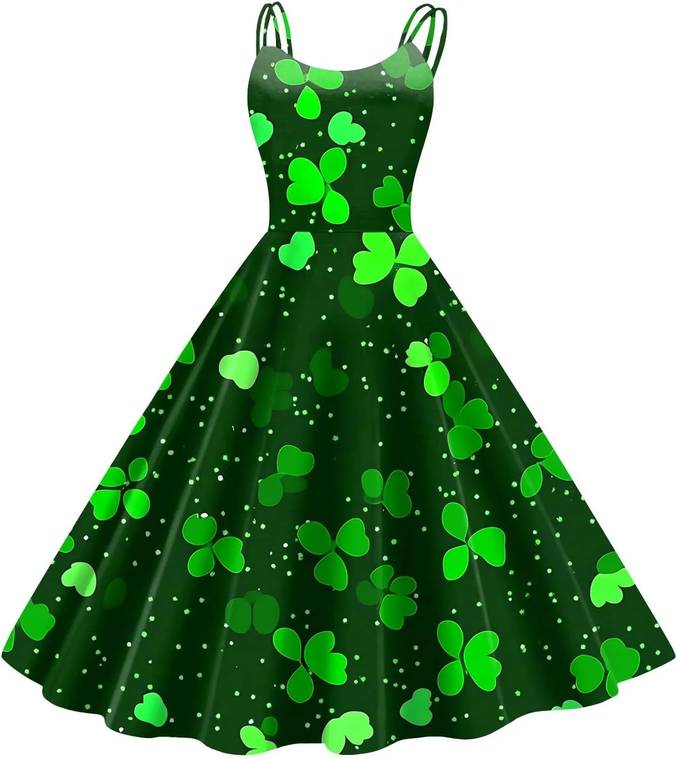 St Patricks Day Dresses for Women Casual Off Shoulder Vintage Sleeveless Midi A-Line Swing Shamrock Print Dresses