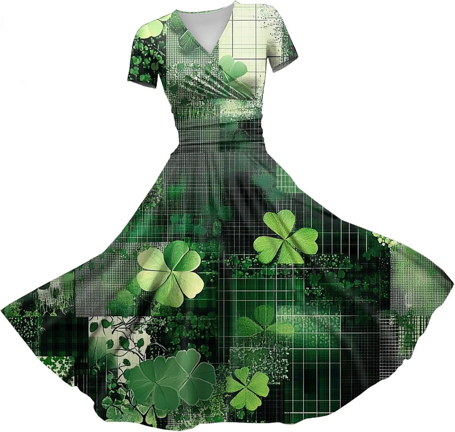 St Patricks Day Dresses for Women Short Sleeve V Neck Princess Pulled Ruffle Shamrock Print Waist Drawstring Dresses