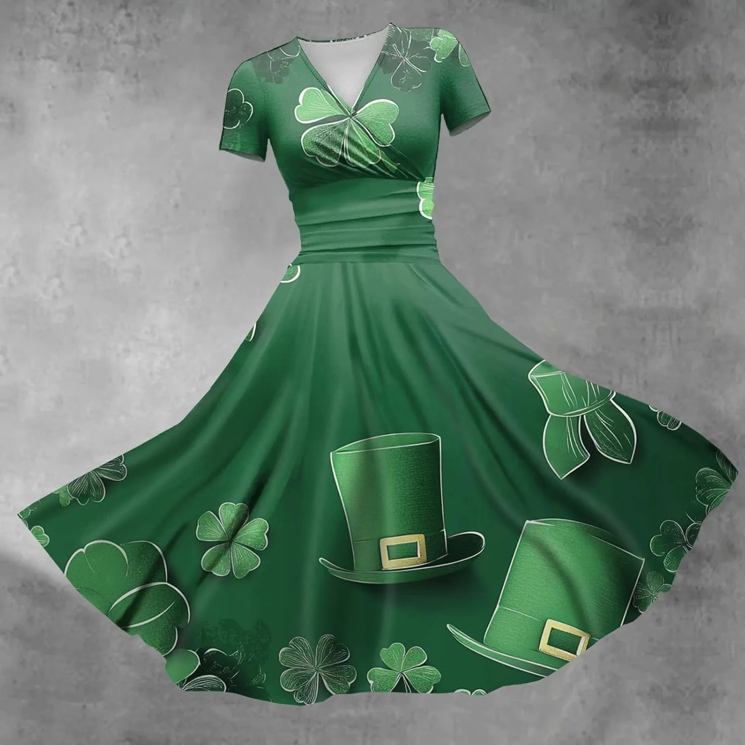 St Patricks Dress Women Dressy Short Sleeve Princess V Neck Pulled Ruffle Shamrock Print Waist Drawstring Sexy Dresses