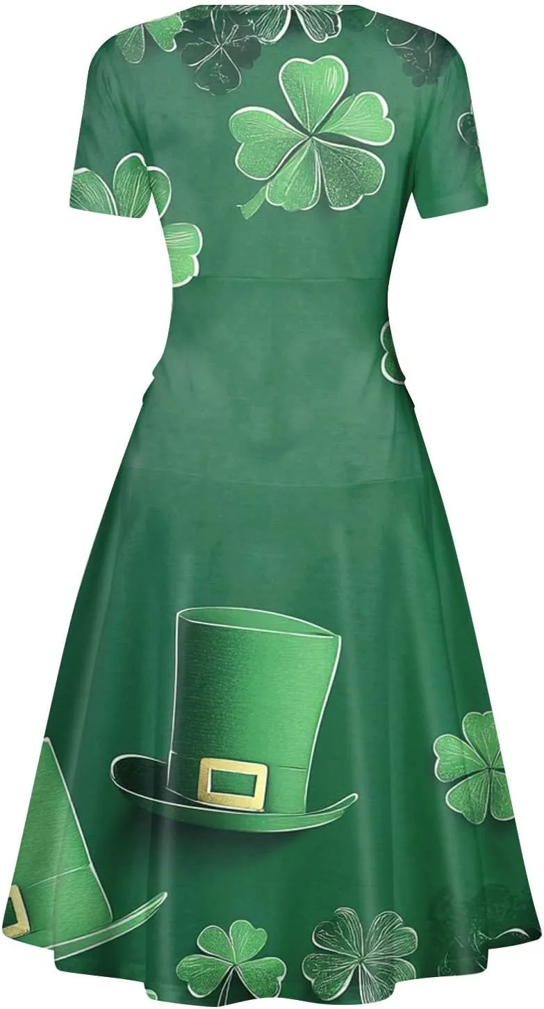 St Patricks Dress Women Dressy Short Sleeve Princess V Neck Pulled Ruffle Shamrock Print Waist Drawstring Sexy Dresses