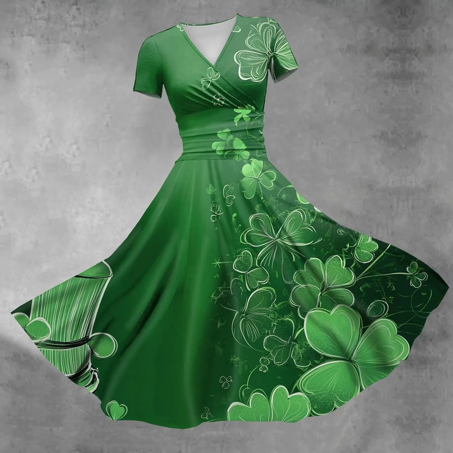 St Patricks Dress Women Dressy Short Sleeve Princess V Neck Pulled Ruffle Shamrock Print Waist Drawstring Sexy Dresses