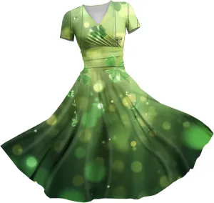 St Patricks Dress Women Dressy Short Sleeve Princess V Neck Pulled Ruffle Shamrock Print Waist Drawstring Sexy Dresses