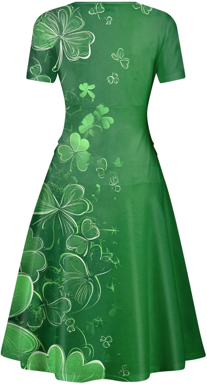 St Patricks Dress Women Dressy Short Sleeve Princess V Neck Pulled Ruffle Shamrock Print Waist Drawstring Sexy Dresses