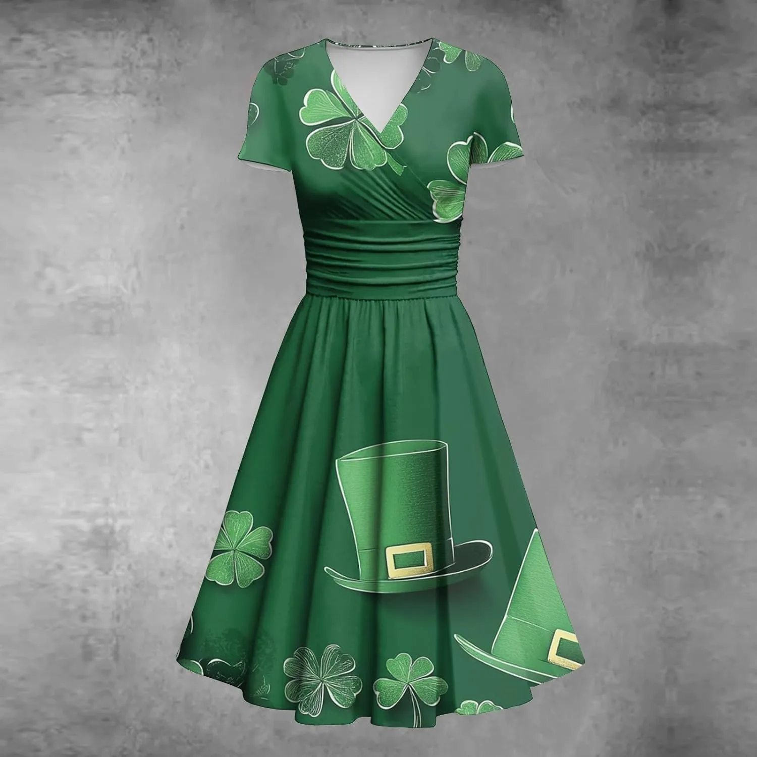 St Patricks Dress Women Dressy Short Sleeve Princess V Neck Pulled Ruffle Shamrock Print Waist Drawstring Sexy Dresses