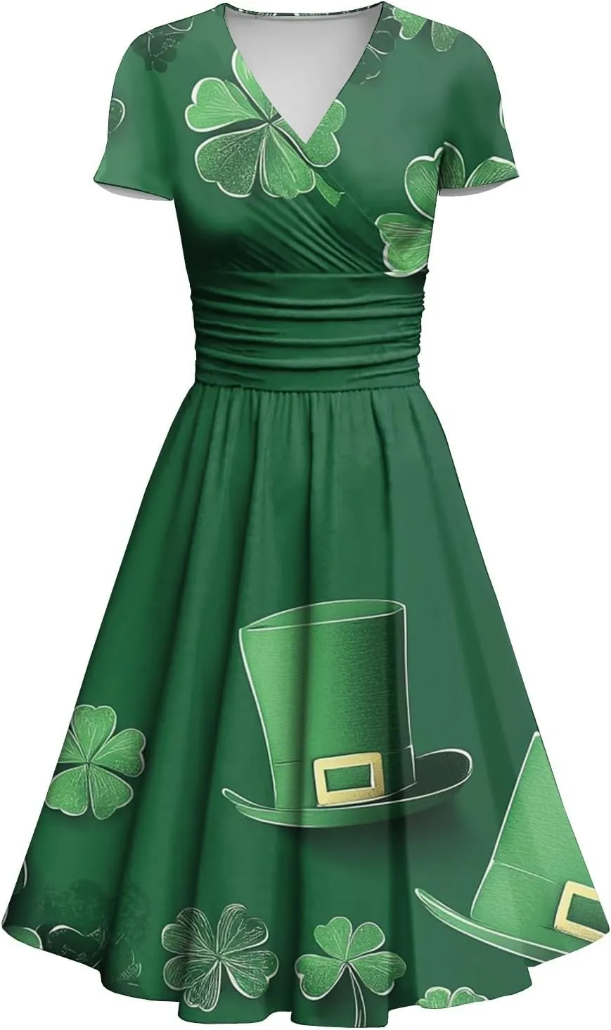 St Patricks Dress Women Dressy Short Sleeve Princess V Neck Pulled Ruffle Shamrock Print Waist Drawstring Sexy Dresses