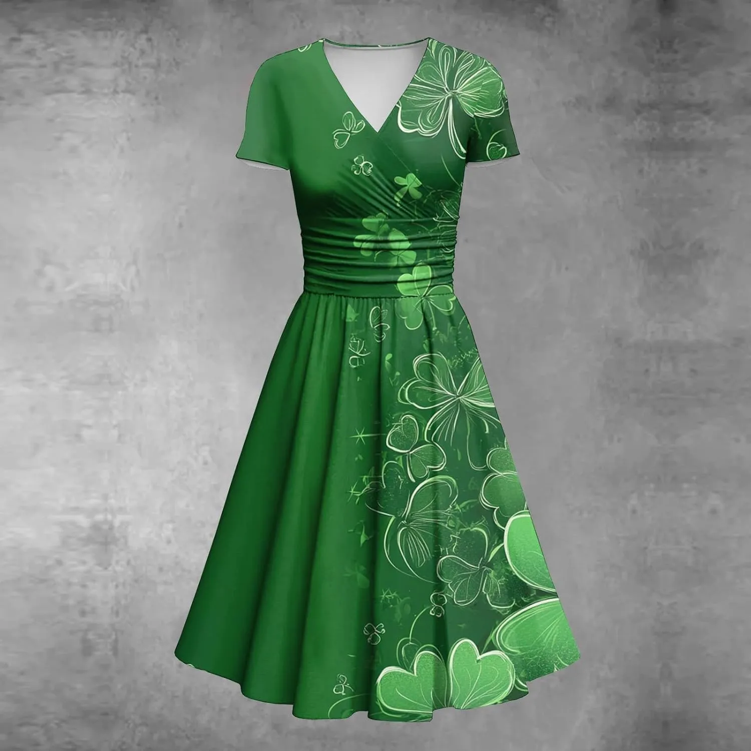 St Patricks Dress Women Dressy Short Sleeve Princess V Neck Pulled Ruffle Shamrock Print Waist Drawstring Sexy Dresses