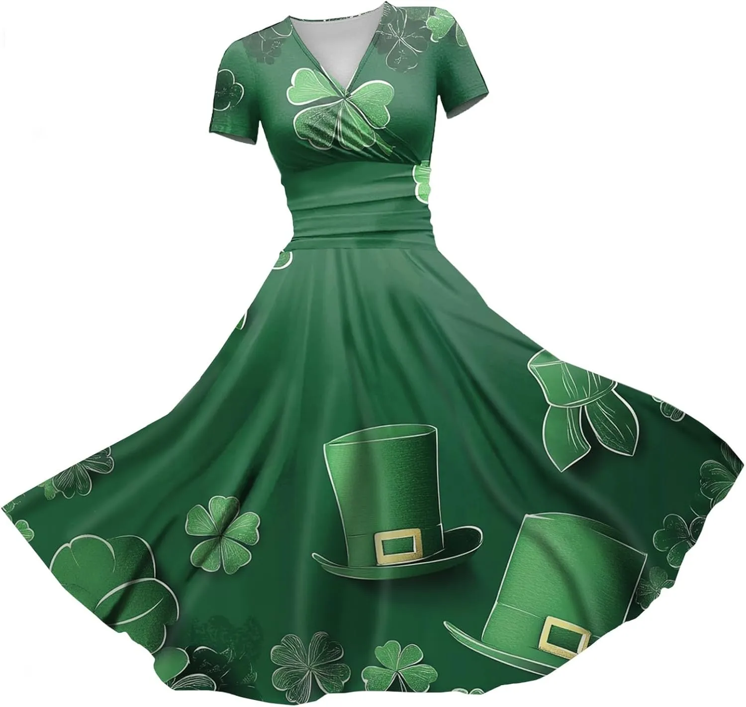 St Patricks Dress Women Dressy Short Sleeve Princess V Neck Pulled Ruffle Shamrock Print Waist Drawstring Sexy Dresses