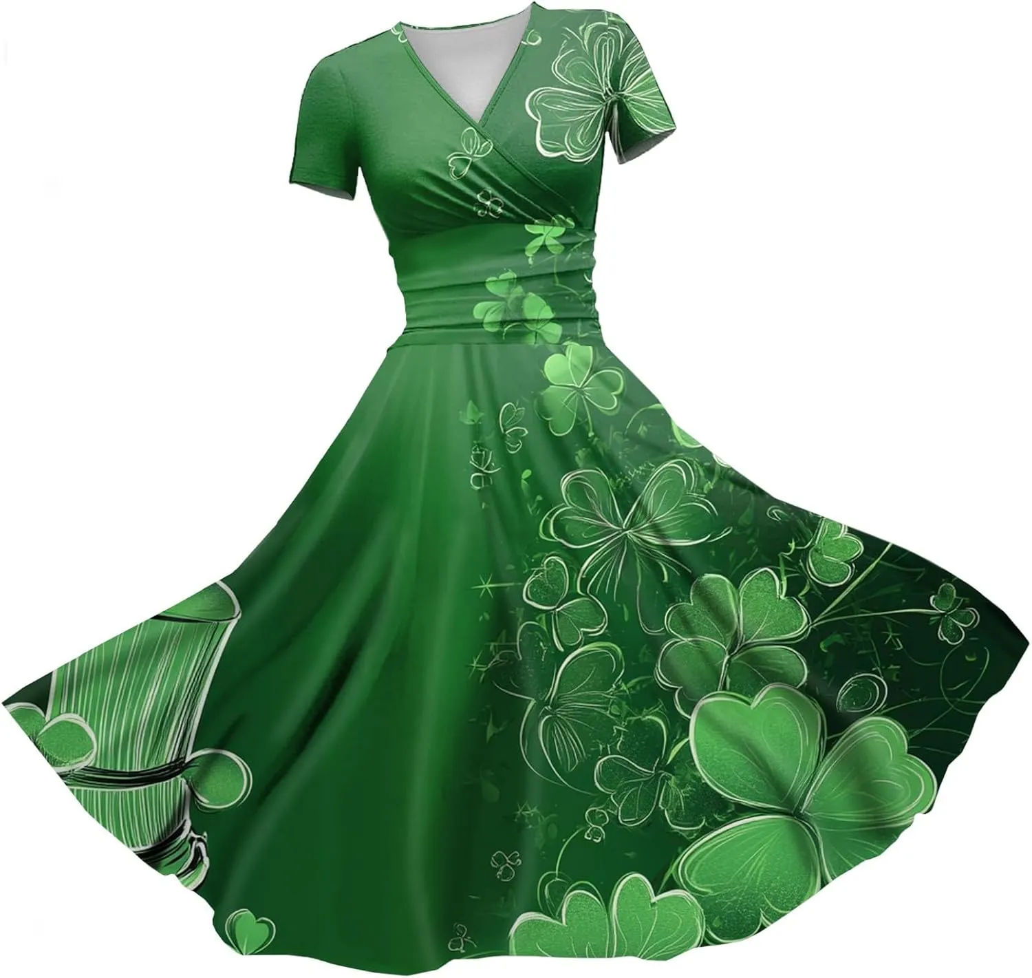 St Patricks Dress Women Dressy Short Sleeve Princess V Neck Pulled Ruffle Shamrock Print Waist Drawstring Sexy Dresses