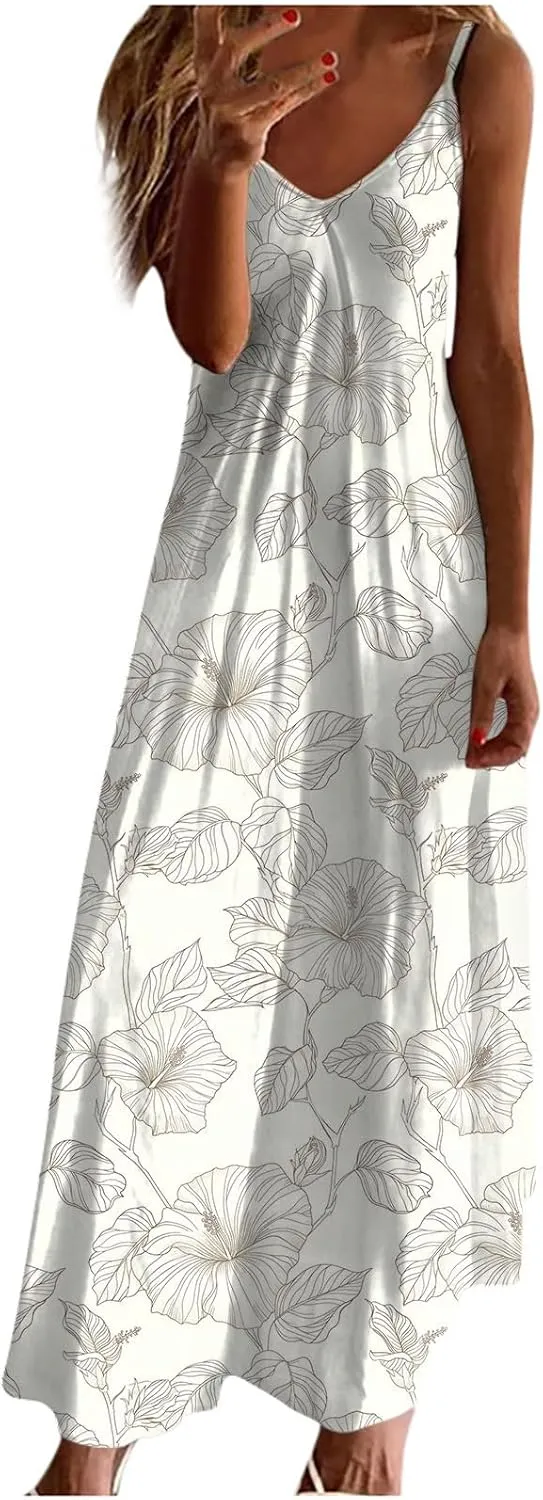 Summer Bohemian Dresses for Women 2024 Sexy Floral Slip Dress Trendy V Neck Maxi Dress Casual Summer Beach Vacation Outfits