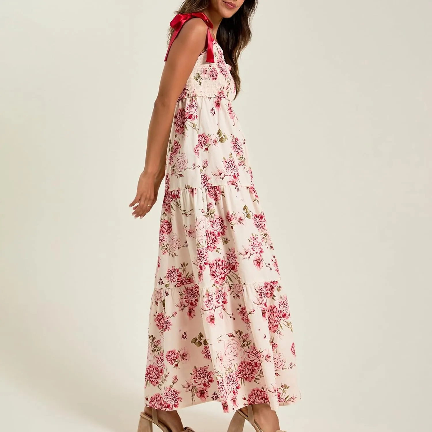Summer Boho Tie Shoulder Dress for Women 2025 Y2k Sleeveless Floral Smocked Tiered Flowy Maxi Dress Beach Sundress