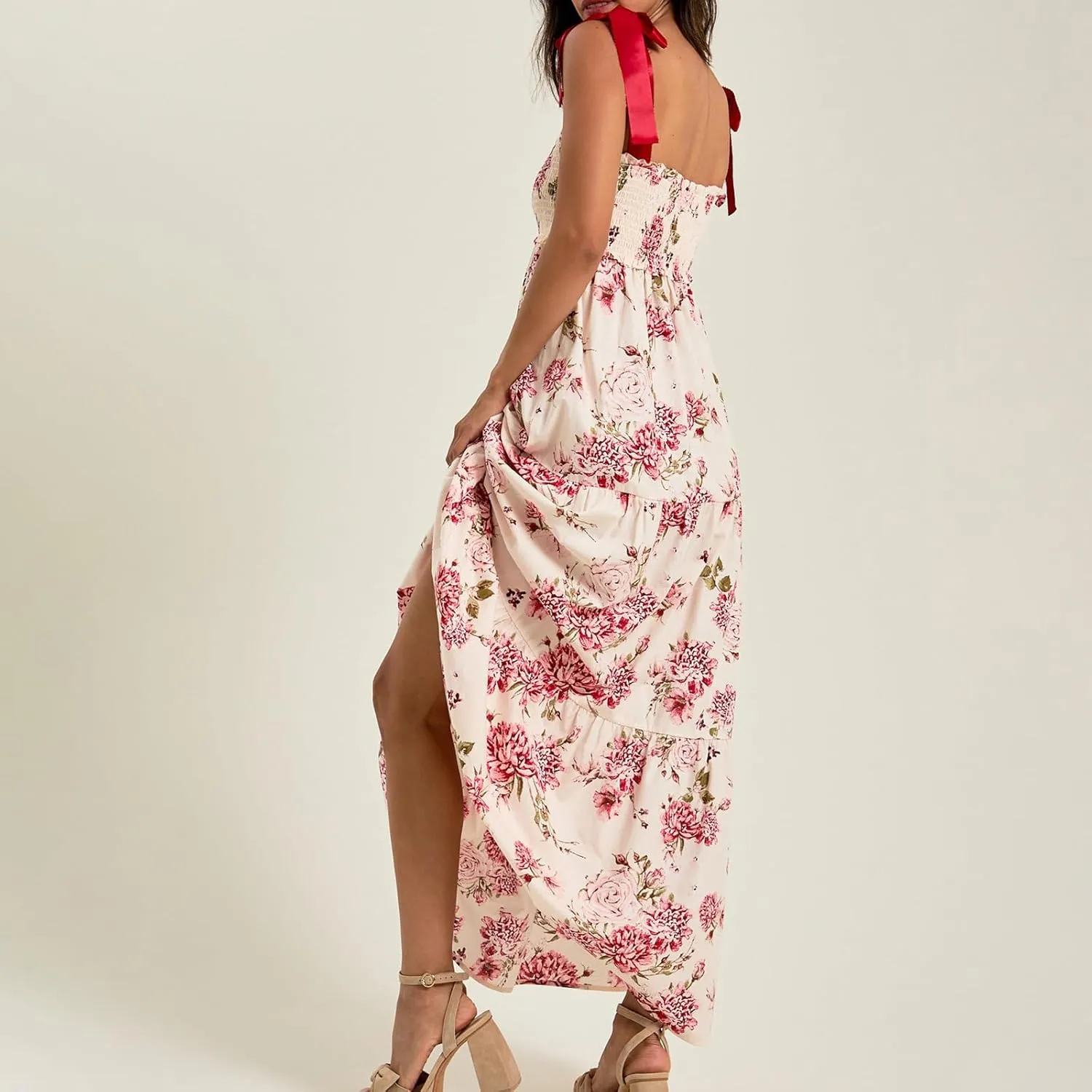 Summer Boho Tie Shoulder Dress for Women 2025 Y2k Sleeveless Floral Smocked Tiered Flowy Maxi Dress Beach Sundress