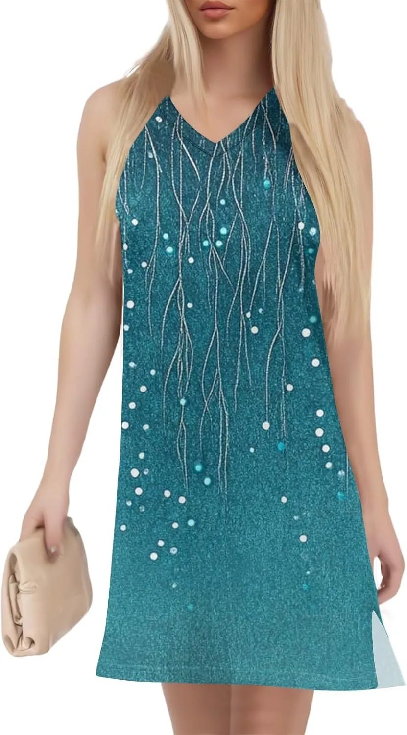 Summer Dresses for Women 2025 Casual Beach Tank Dress Sleeveless T Shirt Dresses Loose Floral Sundresses with Split