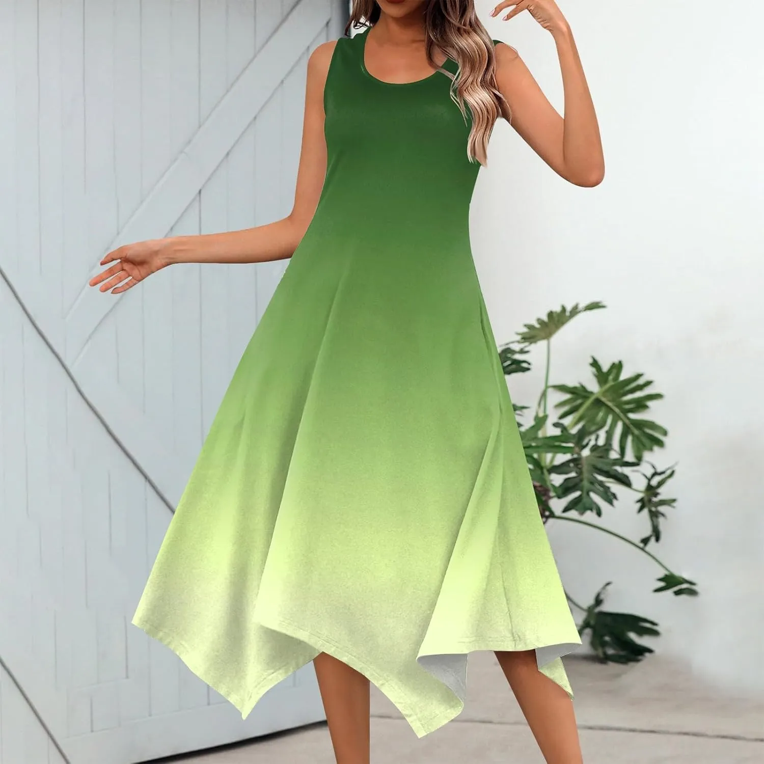 Summer Dresses for Women 2025 Elegant Print Swing Hem Tank Midi Dress Casual Plus Size Sleeveless Crewneck Sundress