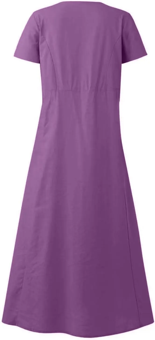 Summer Dresses for Women 2025 Plus Size Short Sleeve Cotton Linen Dress Causal Scoop Neck Ruffle Flowy Beach Sundress