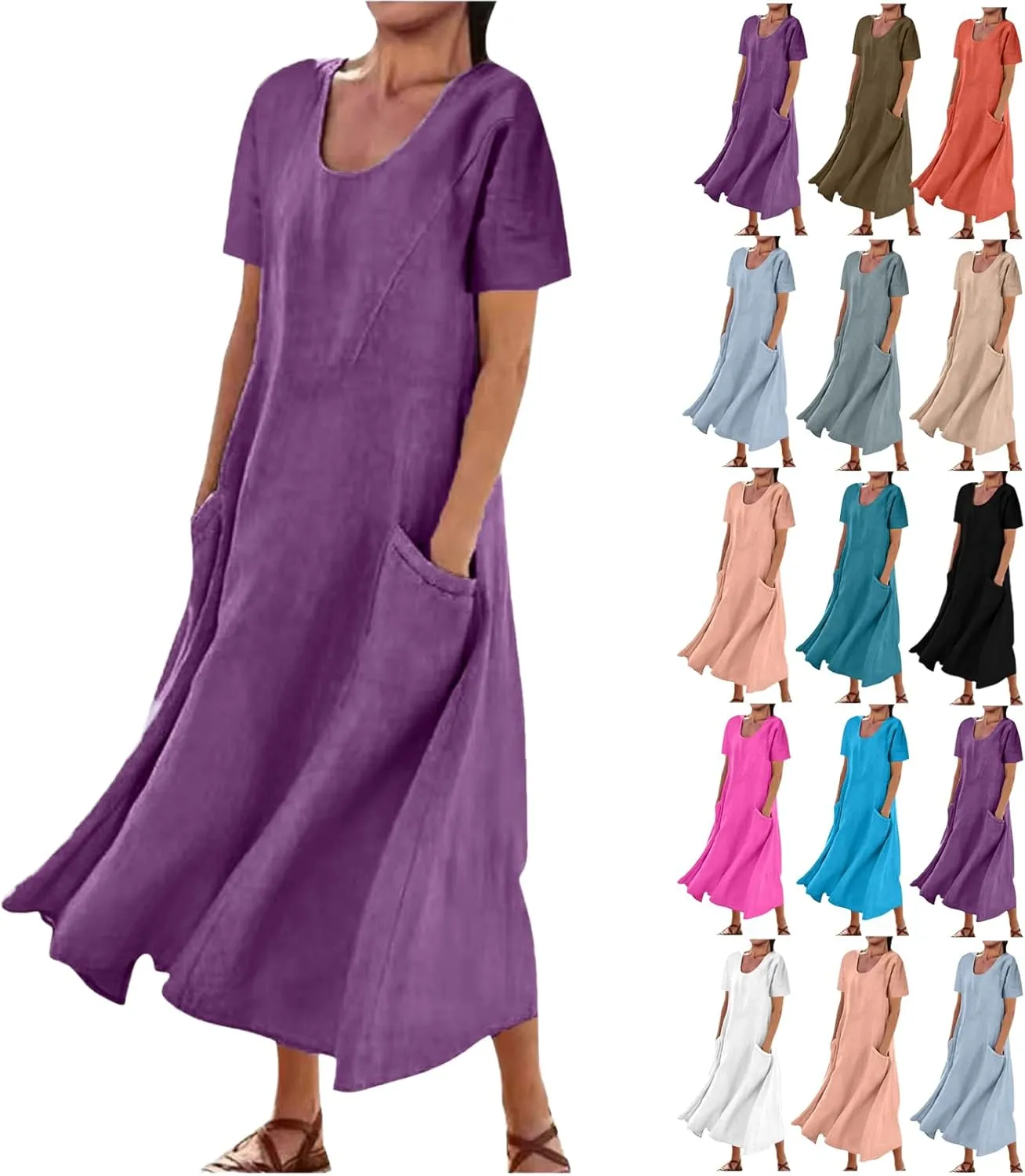 Summer Dresses for Women 2025 Plus Size Short Sleeve Cotton Linen Dress Causal Scoop Neck Ruffle Flowy Beach Sundress