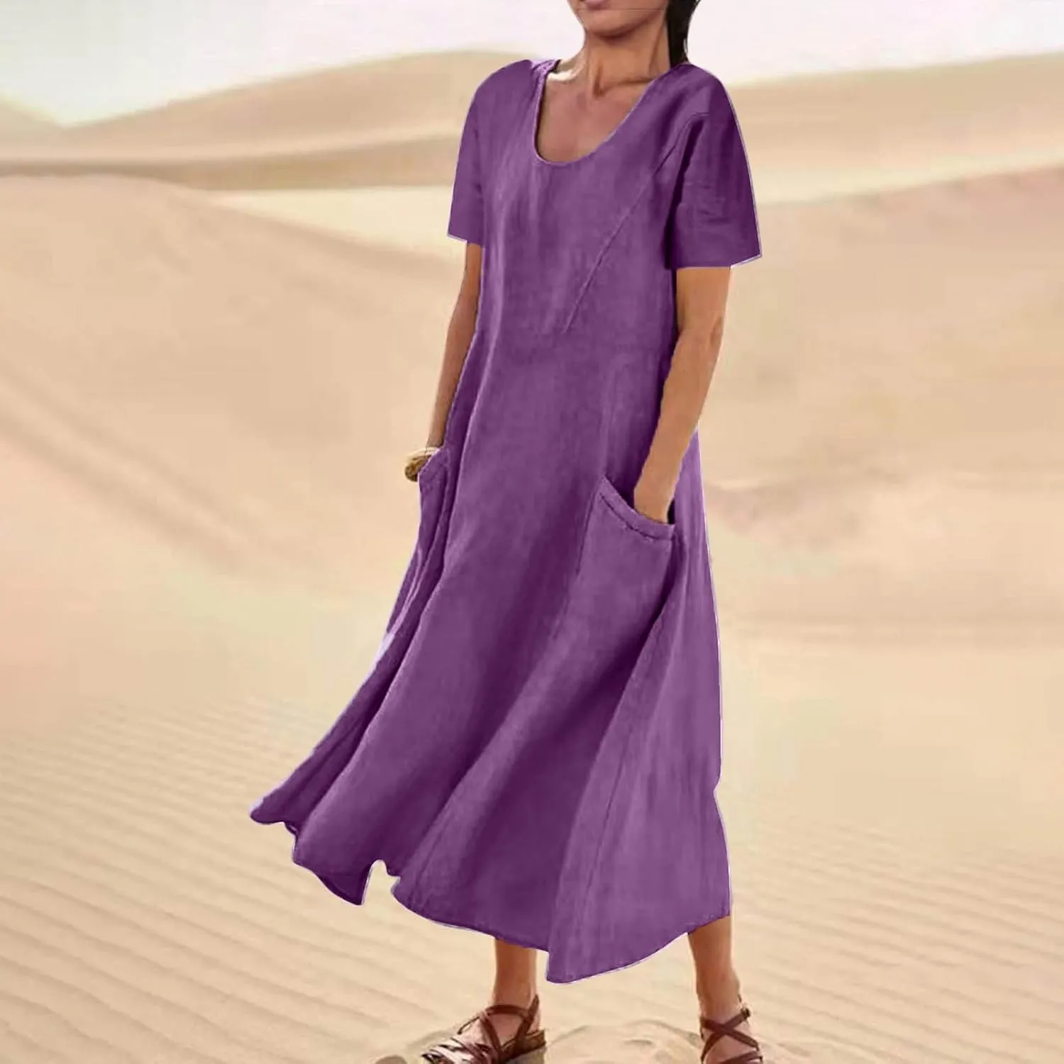 Summer Dresses for Women 2025 Plus Size Short Sleeve Cotton Linen Dress Causal Scoop Neck Ruffle Flowy Beach Sundress