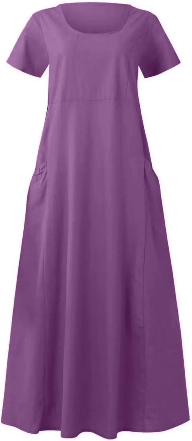 Summer Dresses for Women 2025 Plus Size Short Sleeve Cotton Linen Dress Causal Scoop Neck Ruffle Flowy Beach Sundress