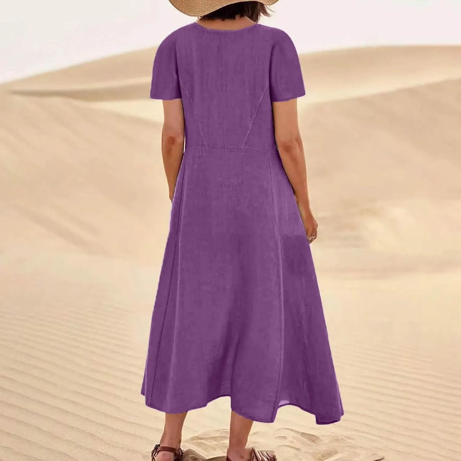 Summer Dresses for Women 2025 Plus Size Short Sleeve Cotton Linen Dress Causal Scoop Neck Ruffle Flowy Beach Sundress