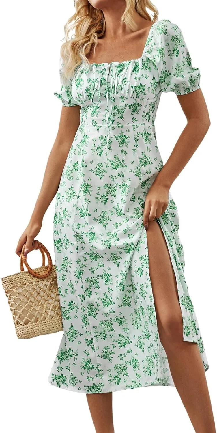 Summer Dresses for Women 2025 Puff Short Sleeve Long Boho Dresses Square Neck Floral Split Thigh Dress