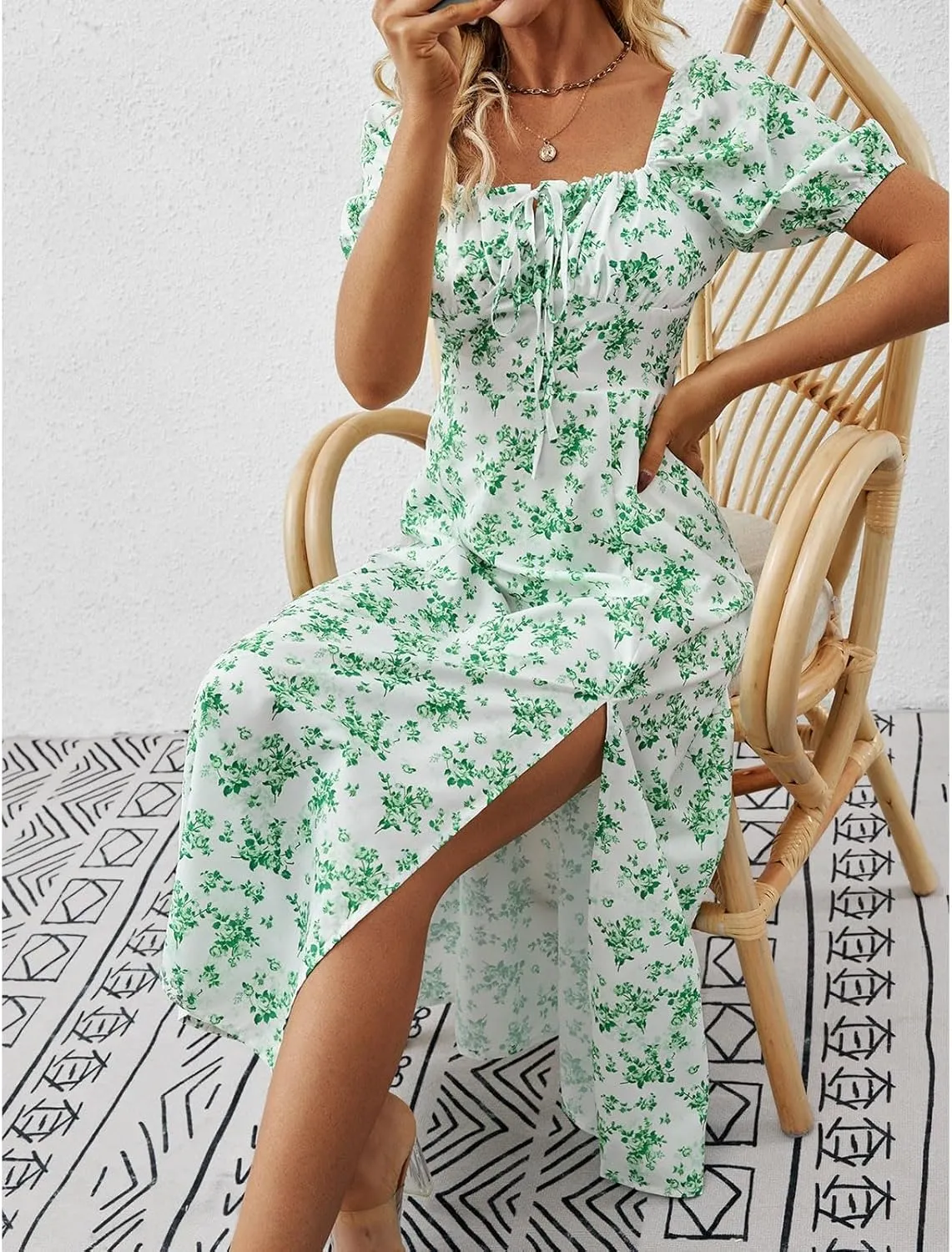 Summer Dresses for Women 2025 Puff Short Sleeve Long Boho Dresses Square Neck Floral Split Thigh Dress