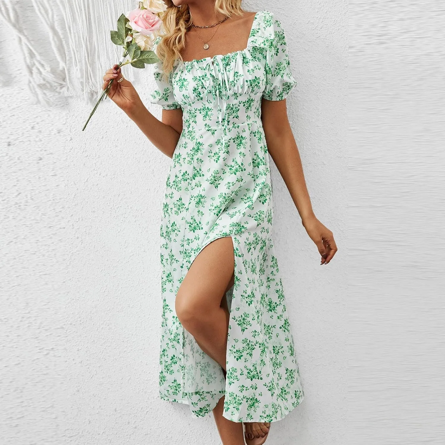Summer Dresses for Women 2025 Puff Short Sleeve Long Boho Dresses Square Neck Floral Split Thigh Dress