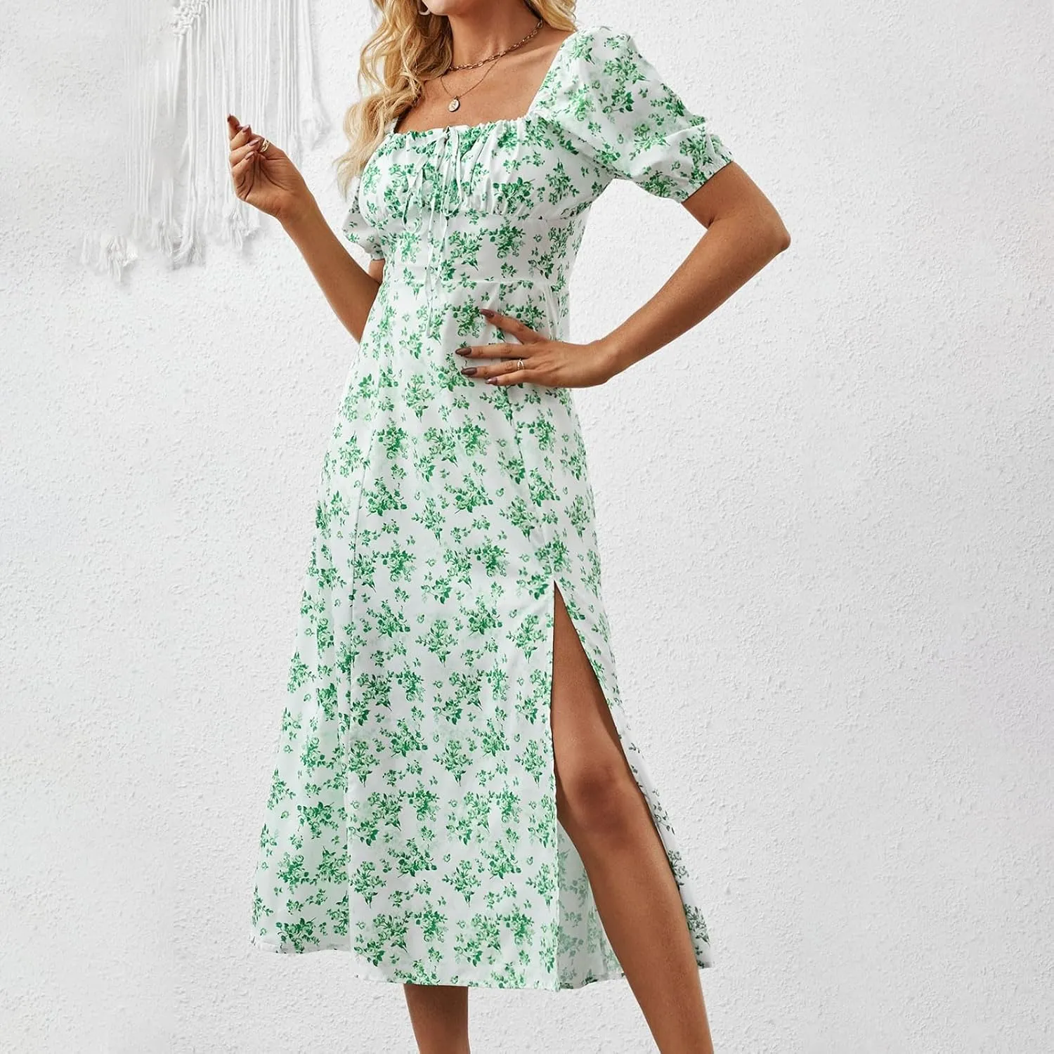 Summer Dresses for Women 2025 Puff Short Sleeve Long Boho Dresses Square Neck Floral Split Thigh Dress