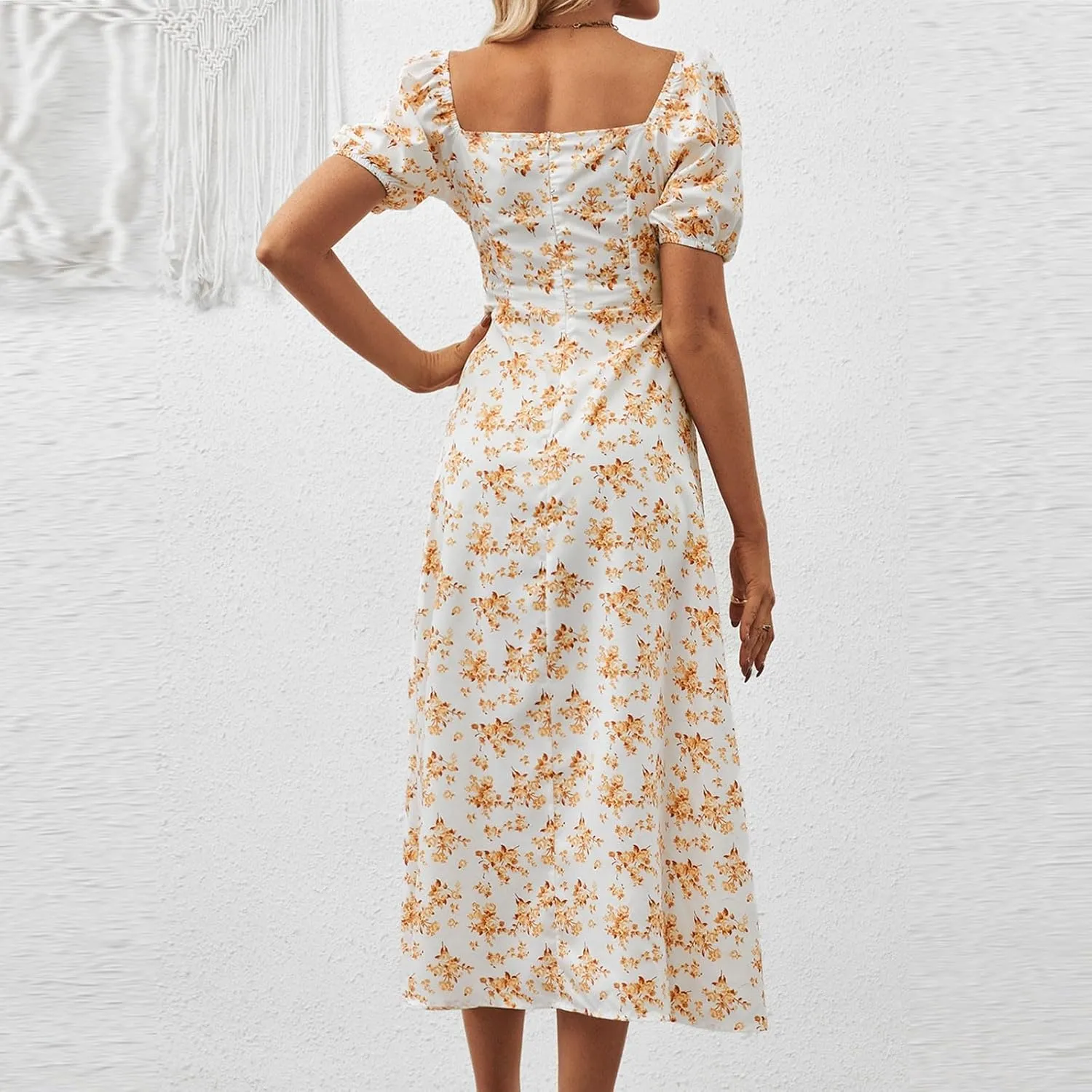 Summer Dresses for Women 2025 Puff Short Sleeve Long Boho Dresses Square Neck Floral Split Thigh Dress