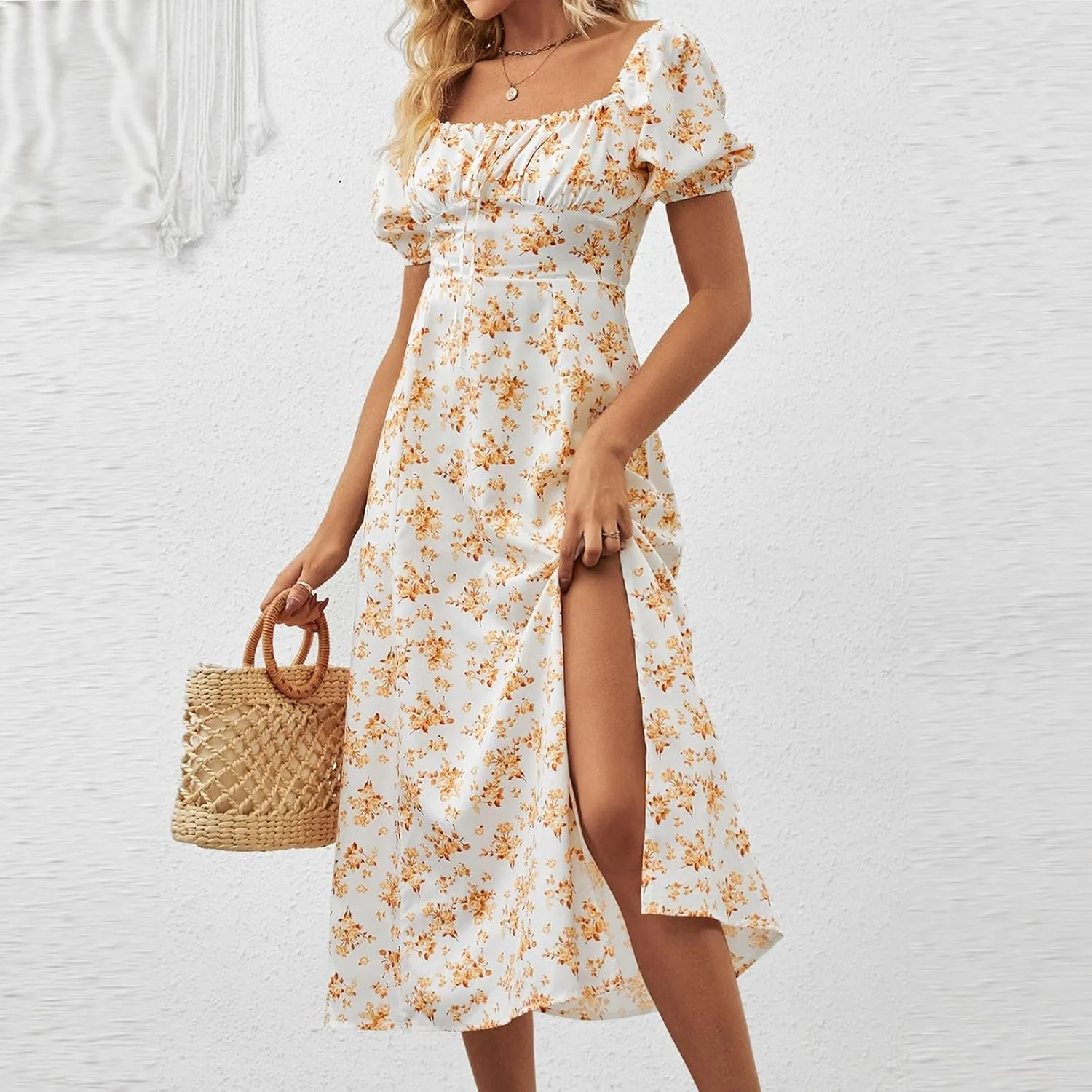 Summer Dresses for Women 2025 Puff Short Sleeve Long Boho Dresses Square Neck Floral Split Thigh Dress