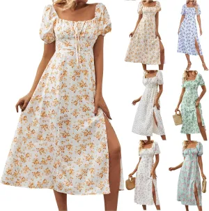 Summer Dresses for Women 2025 Puff Short Sleeve Long Boho Dresses Square Neck Floral Split Thigh Dress