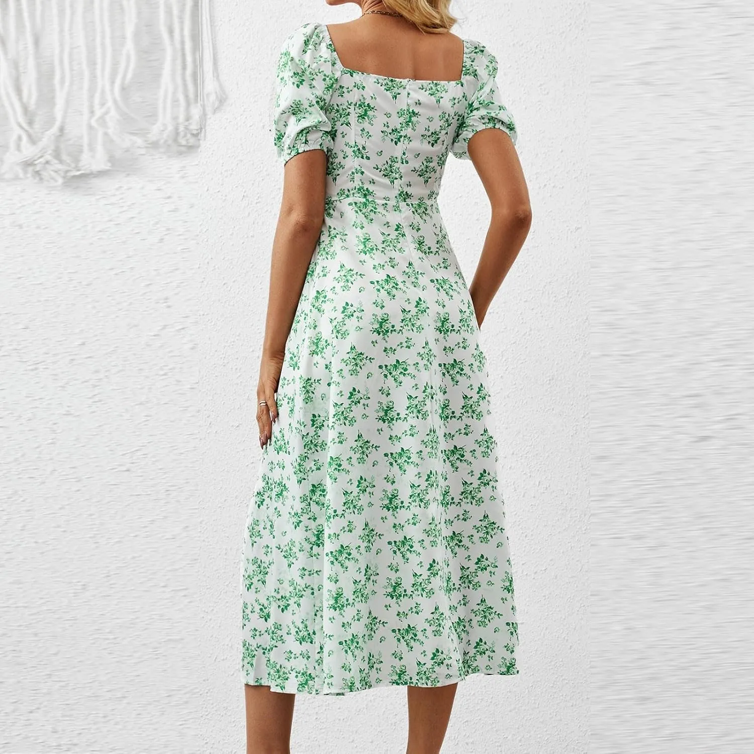 Summer Dresses for Women 2025 Puff Short Sleeve Long Boho Dresses Square Neck Floral Split Thigh Dress
