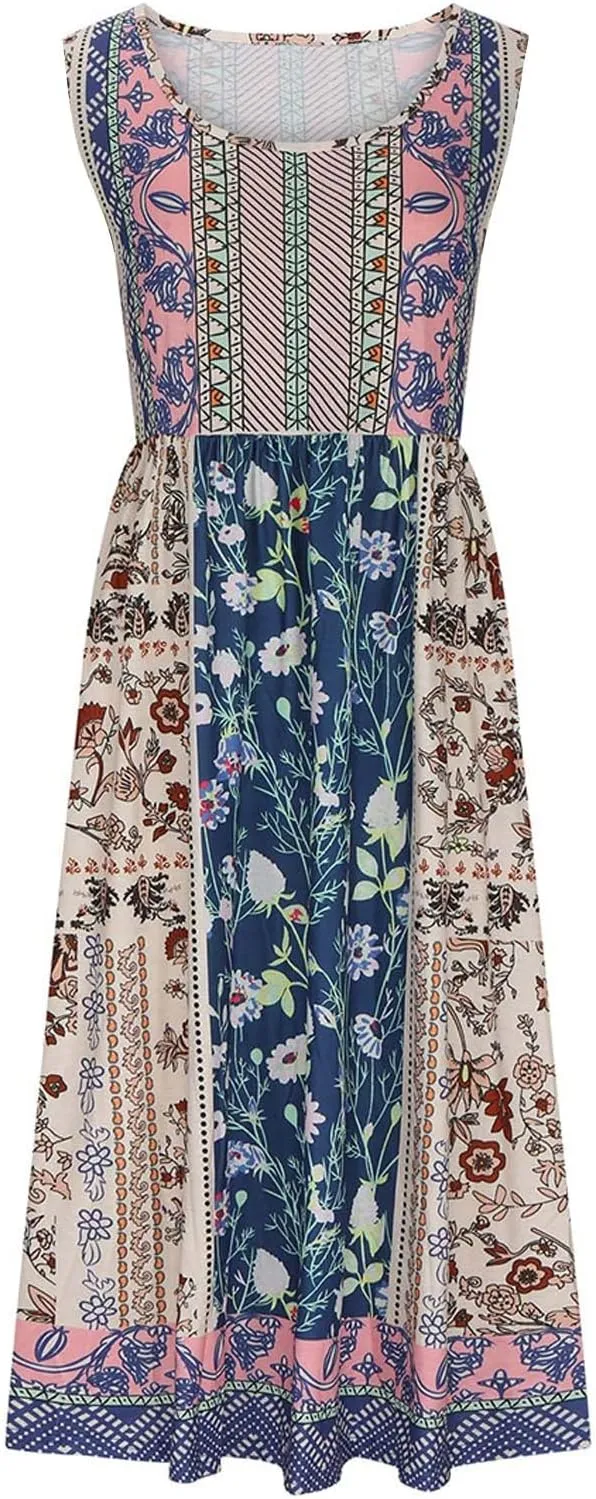 Summer Dresses for Women 2025 Sleeveless Boho Floral Sundress Loose Casual Flowy Beach Dress Midi Dress with Pockets