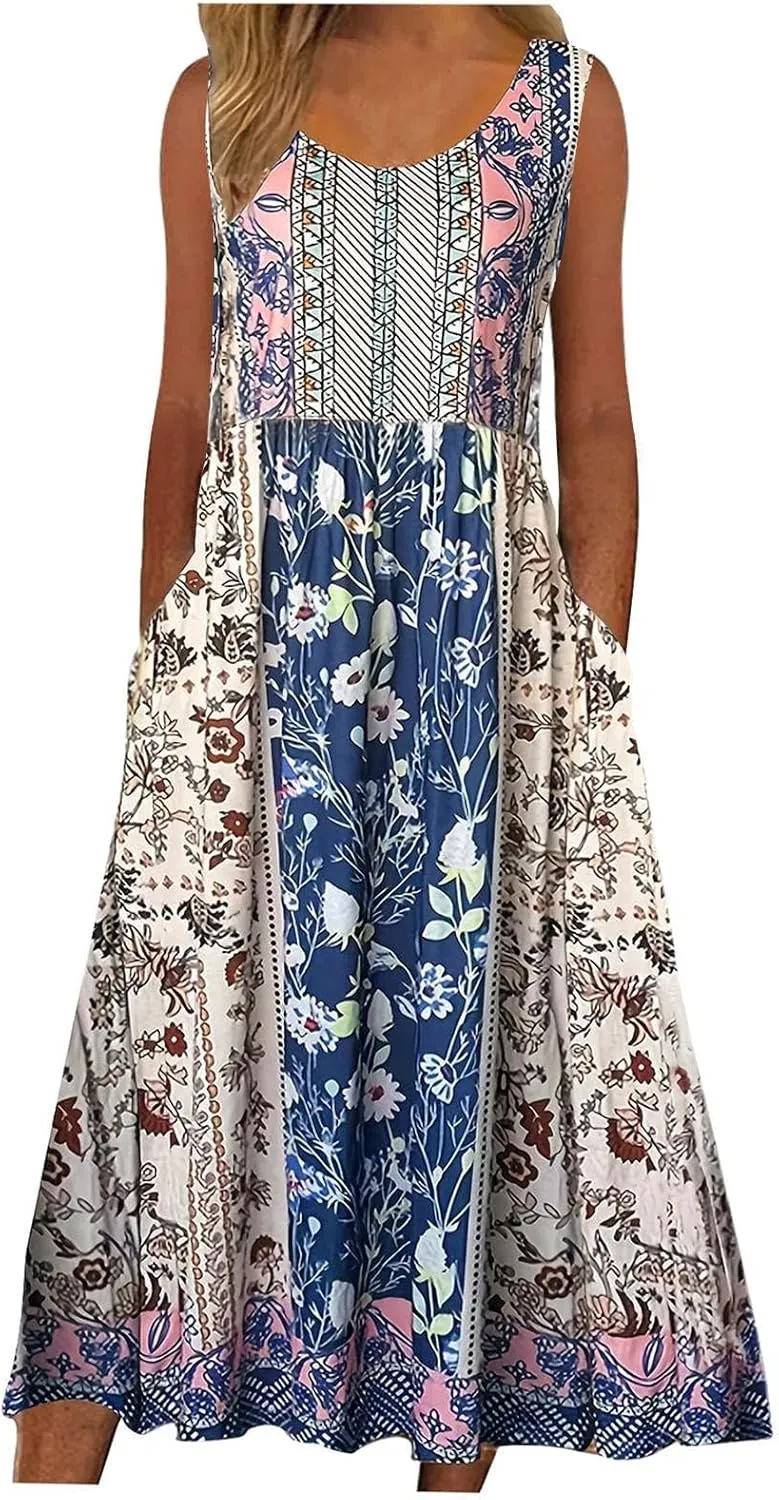Summer Dresses for Women 2025 Sleeveless Boho Floral Sundress Loose Casual Flowy Beach Dress Midi Dress with Pockets