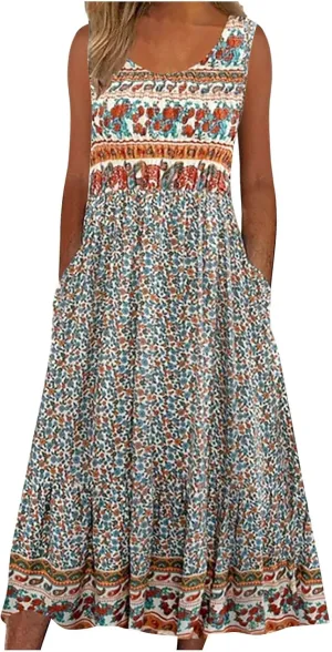 Summer Dresses for Women 2025 Sleeveless Boho Floral Sundress Loose Casual Flowy Beach Dress Midi Dress with Pockets