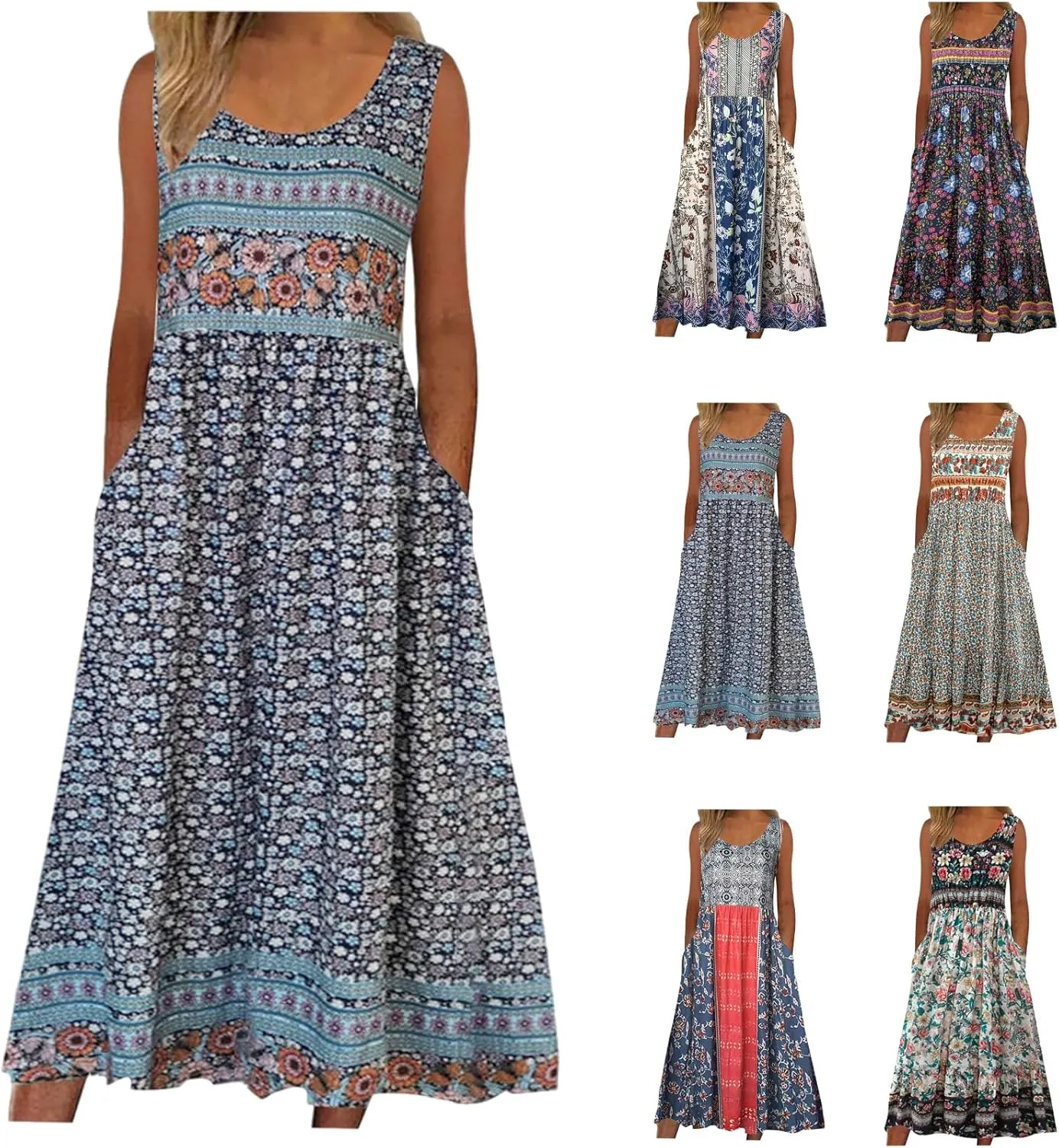 Summer Dresses for Women 2025 Sleeveless Boho Floral Sundress Loose Casual Flowy Beach Dress Midi Dress with Pockets