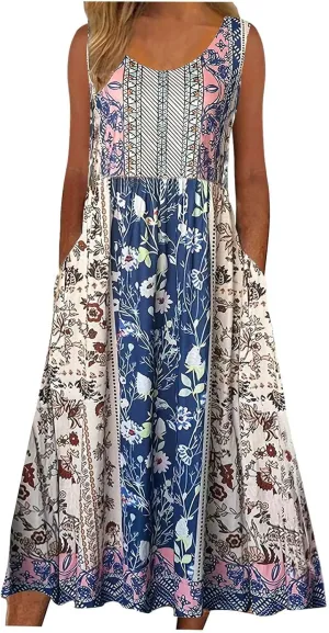 Summer Dresses for Women 2025 Sleeveless Boho Floral Sundress Loose Casual Flowy Beach Dress Midi Dress with Pockets