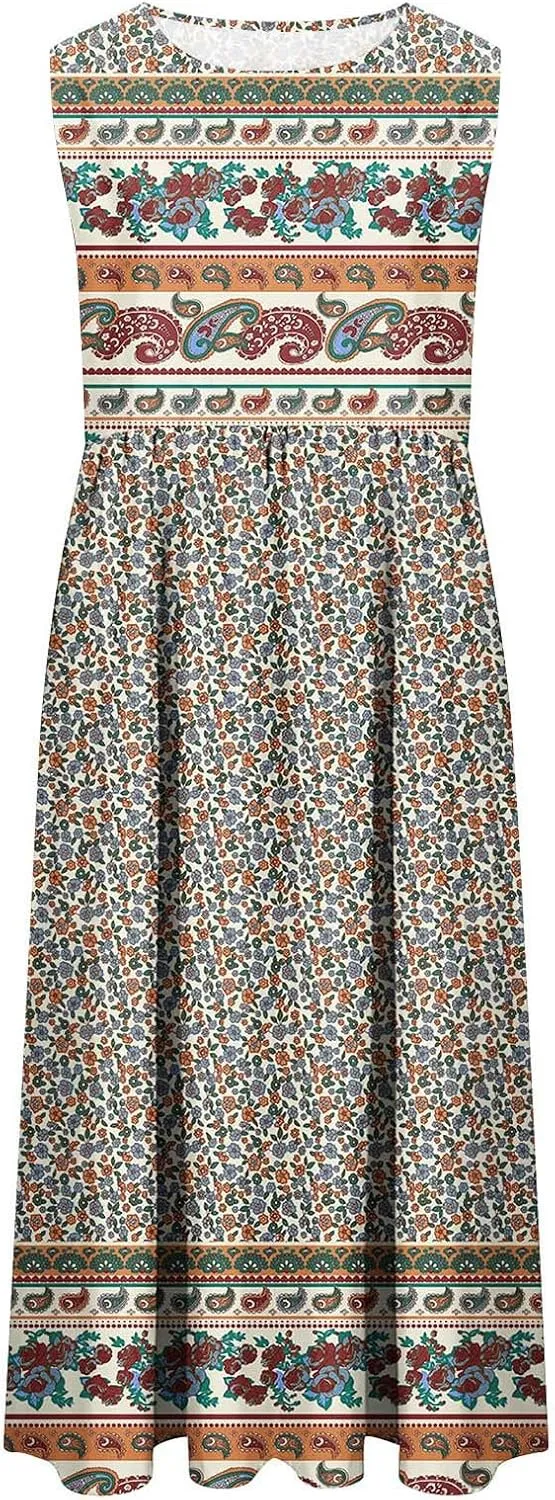 Summer Dresses for Women 2025 Sleeveless Boho Floral Sundress Loose Casual Flowy Beach Dress Midi Dress with Pockets