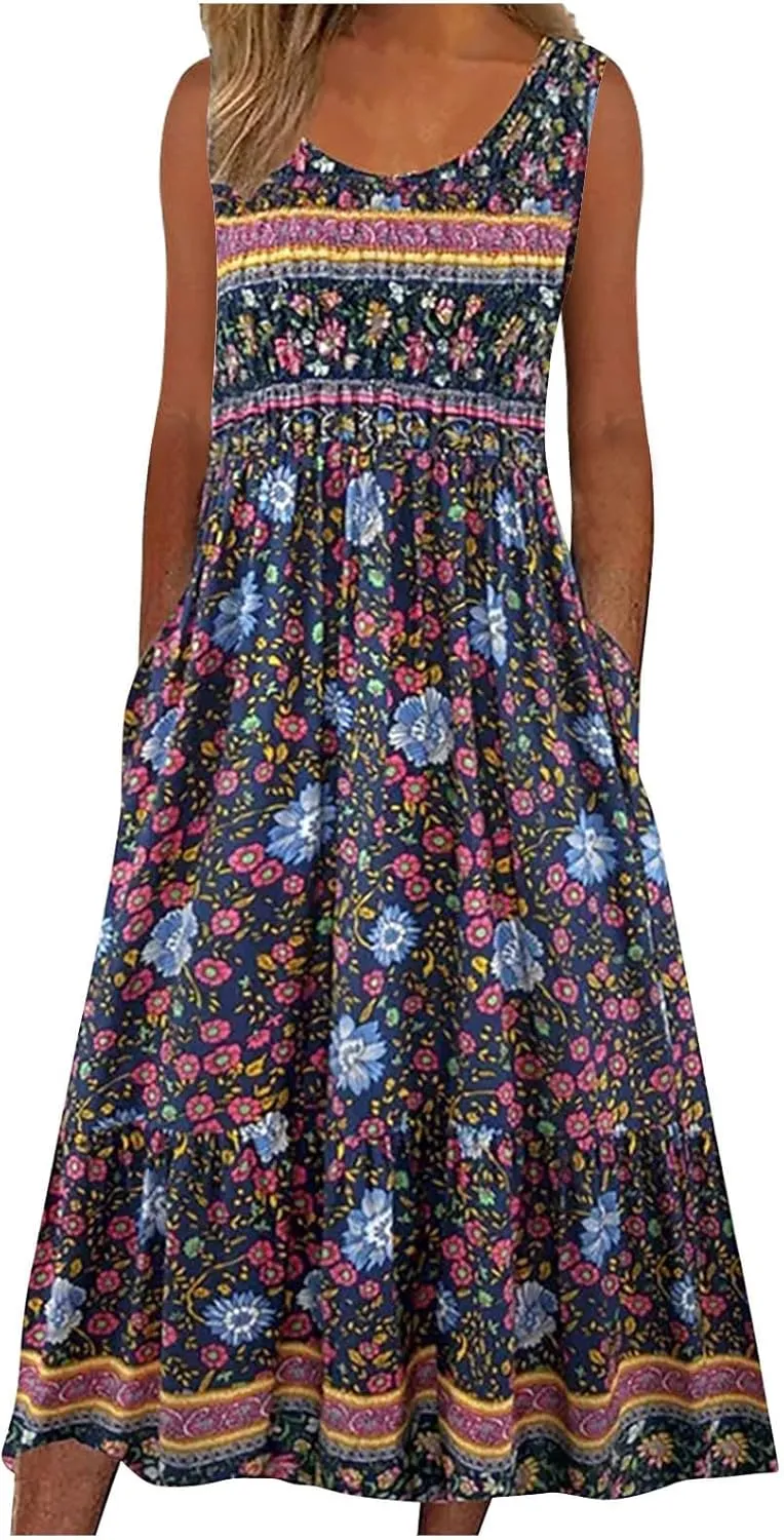 Summer Dresses for Women 2025 Sleeveless Boho Floral Sundress Loose Casual Flowy Beach Dress Midi Dress with Pockets