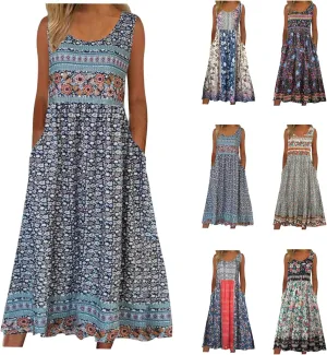 Summer Dresses for Women 2025 Sleeveless Boho Floral Sundress Loose Casual Flowy Beach Dress Midi Dress with Pockets