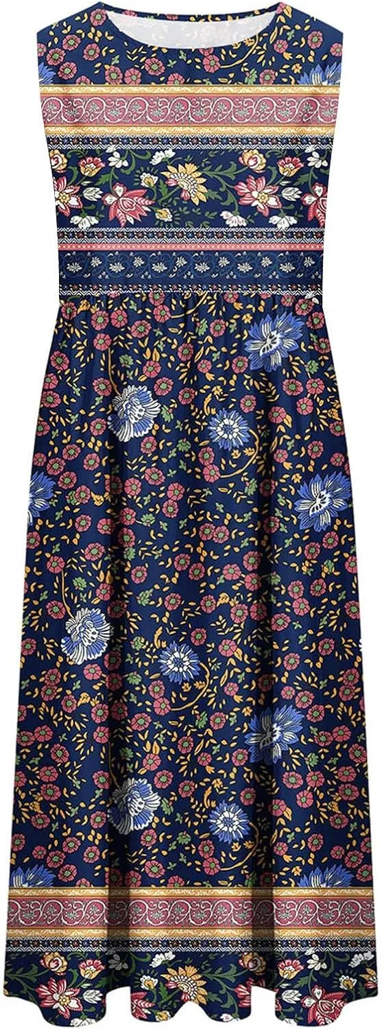 Summer Dresses for Women 2025 Sleeveless Boho Floral Sundress Loose Casual Flowy Beach Dress Midi Dress with Pockets