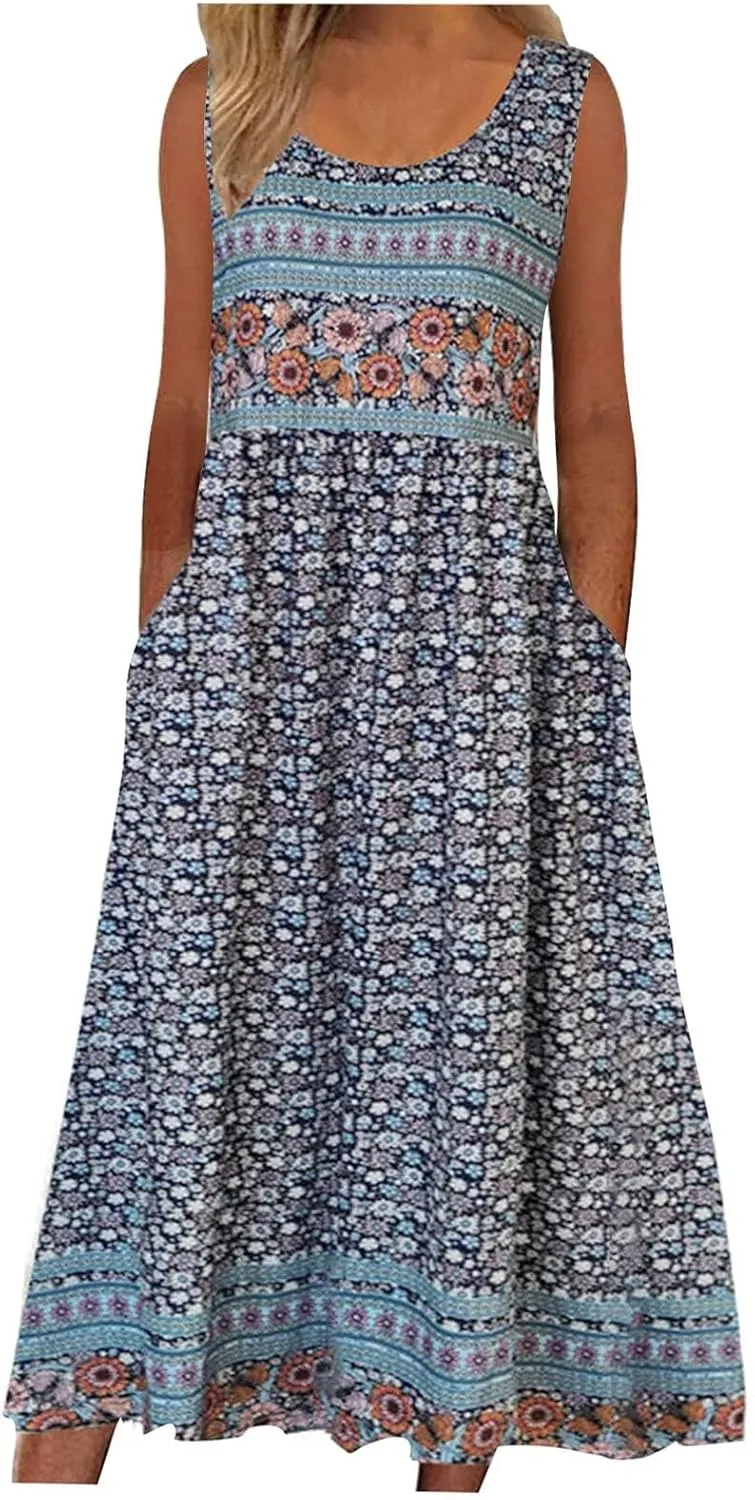 Summer Dresses for Women 2025 Sleeveless Boho Floral Sundress Loose Casual Flowy Beach Dress Midi Dress with Pockets