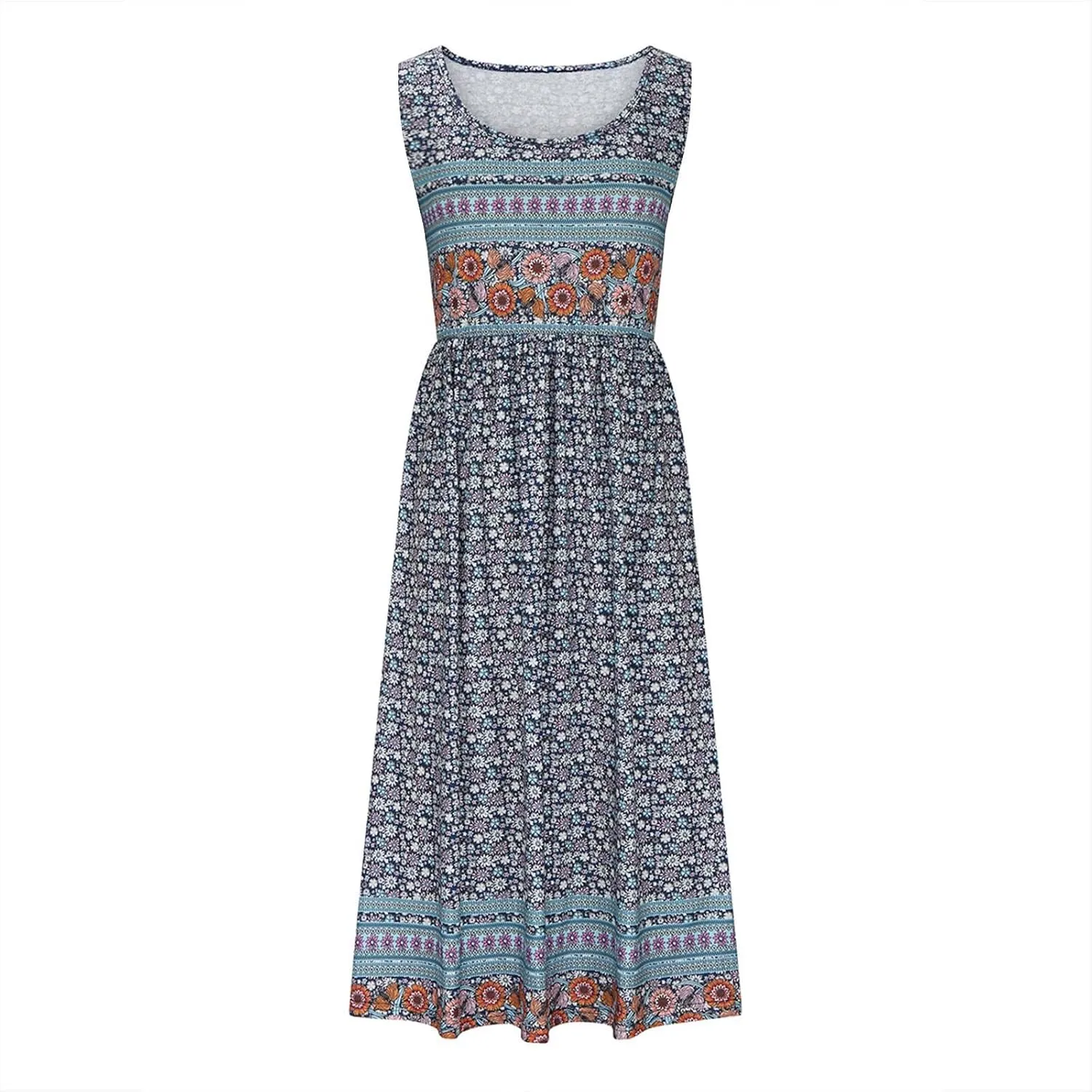 Summer Dresses for Women 2025 Sleeveless Boho Floral Sundress Loose Casual Flowy Beach Dress Midi Dress with Pockets