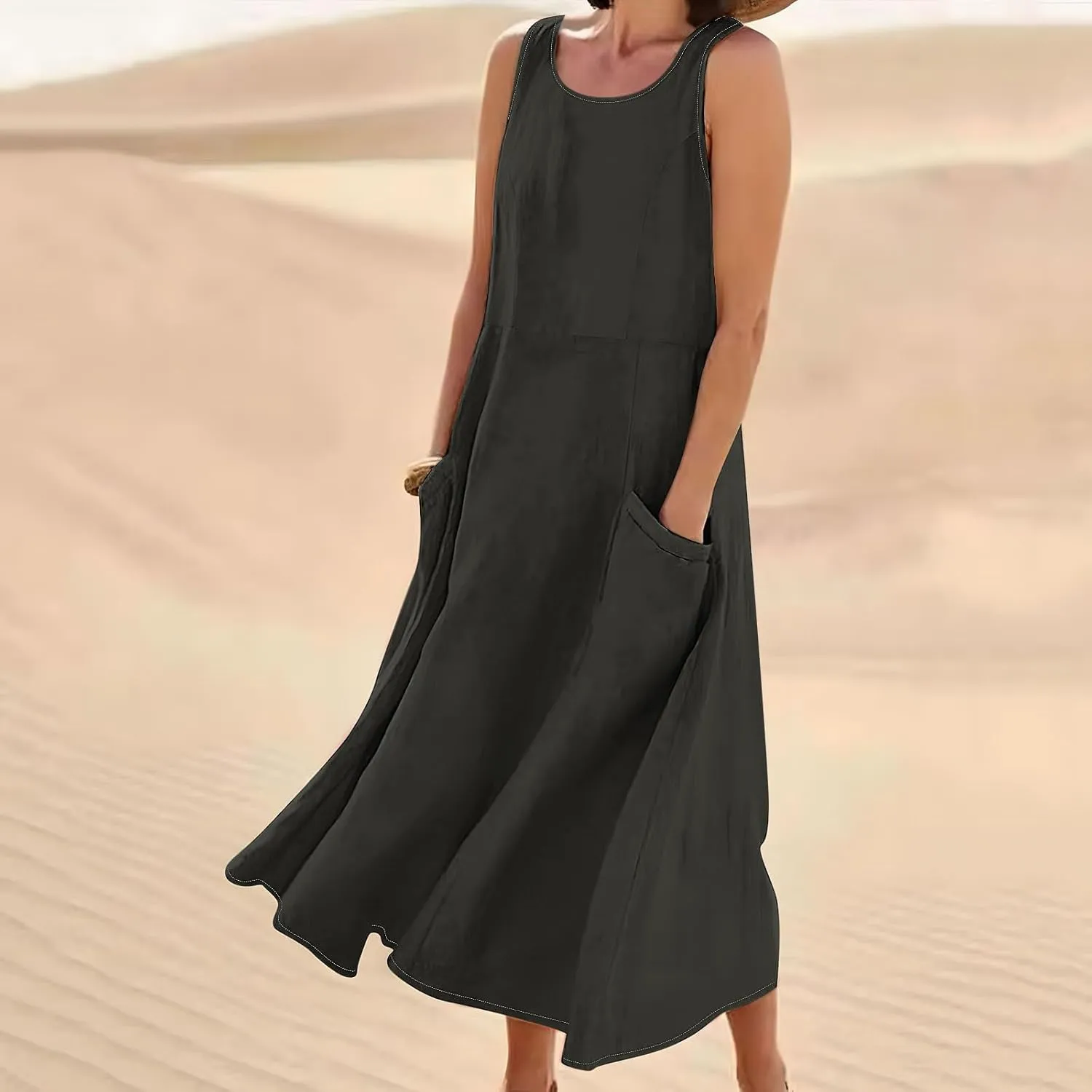 Summer Dresses for Women Cotton Linen Sleeveless Maxi Dress Casual Plus Size Long Length Beach Dress with Pockets