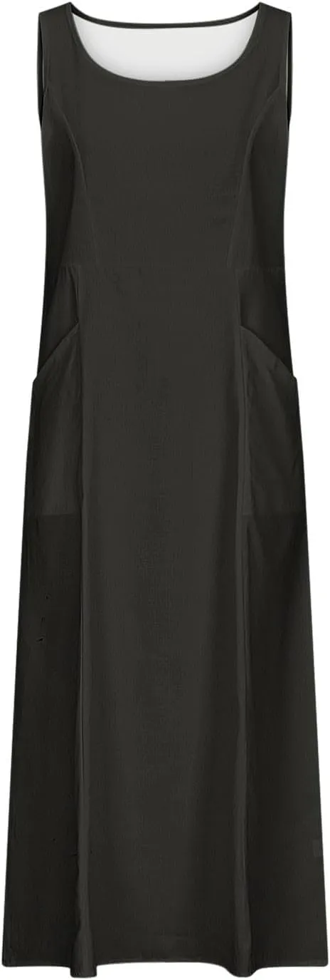 Summer Dresses for Women Cotton Linen Sleeveless Maxi Dress Casual Plus Size Long Length Beach Dress with Pockets