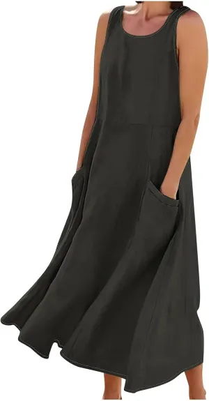 Summer Dresses for Women Cotton Linen Sleeveless Maxi Dress Casual Plus Size Long Length Beach Dress with Pockets