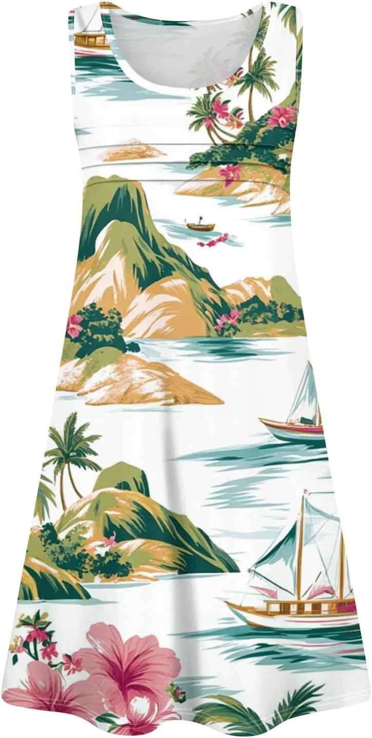 Summer Dresses for Women Sleeveless Mini Dress Beach Floral Tshirt Sundress Casual Pockets Boho Tank Dress