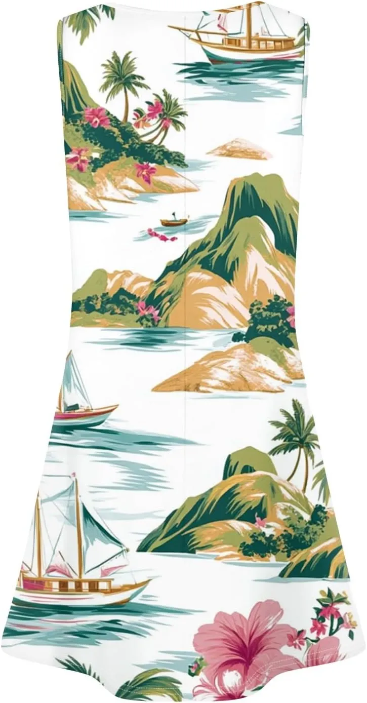 Summer Dresses for Women Sleeveless Mini Dress Beach Floral Tshirt Sundress Casual Pockets Boho Tank Dress