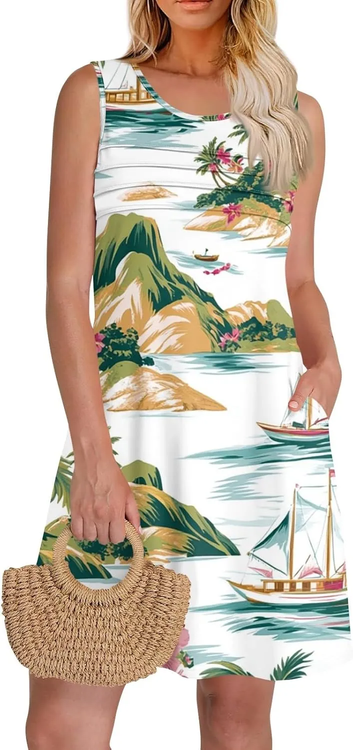 Summer Dresses for Women Sleeveless Mini Dress Beach Floral Tshirt Sundress Casual Pockets Boho Tank Dress